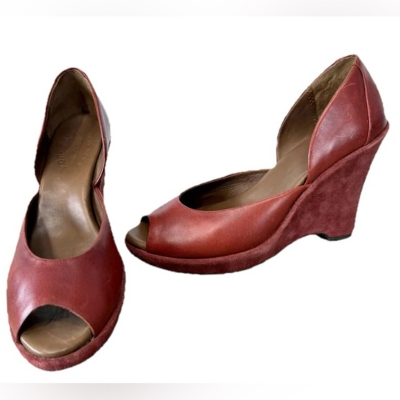 Kork Ease Liliana Heels Shoes Womens 7.5 Red Wedge Slip On Peep Toe Leather - Picture 1 of 13